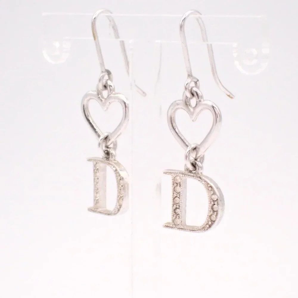 💖 Christian Dior Vintage Silver Heart D Dangle Earrings - Rhinestone Pave